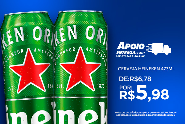 Cerveja Heineken 473ml de: R$6,78 por: R$5,98 até 20/07